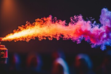 Poster - Colorful and vibrant smoke emanating from a machine, flowing across a dark background, creating an abstract and dynamic visual effect, showcasing a spectrum of colors.