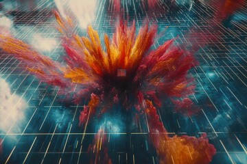 Poster - a captivating abstract explosion of orange and red energy on a blue grid background, creating a dyna