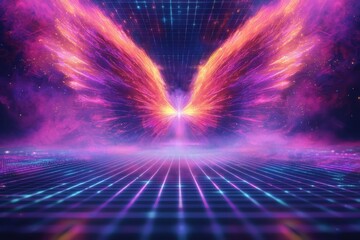 Fototapete - A vibrant display of energy wings erupting from a central light source on a neon grid, creating a powerful, futuristic visual symbolizing innovation and transformative potential