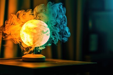 Poster - Mystical orb emitting colorful smoke, creating a captivating and ethereal atmosphere, casting soft light on a wooden surface with dramatic lighting.