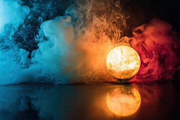 Poster - A captivating scene of a glowing orb juxtaposed against swirling smoke, with a striking color contrast and a mirrored reflection creating a sense of mystery.