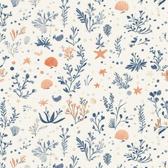 Poster - Smiling fish and sea stars create a dreamy ocean theme in a seamless baby pattern with soft blue and coral tones Generative AI