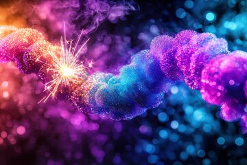 Poster - A dazzling display of colorful, glittering smoke illuminated by a central sparkler, set against a bokeh background, creating a magical and festive atmosphere in dark theme.