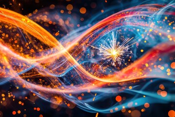 Poster - A vibrant celebration featuring swirling lines of orange and blue, interspersed with bokeh lights and a central sparkler, creating a dynamic festive atmosphere and a sense of wonder.