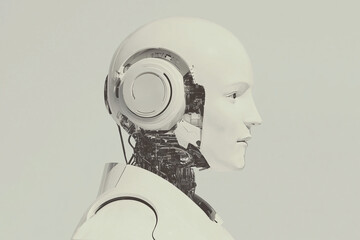 Poster - Cybernetic Profile: A close-up, studio portrait of a humanoid robot, its serene face and mechanical components hinting at the intersection of technology and humanity.