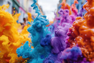 Poster - a vibrant explosion of colorful ink in water, creating a mesmerizing abstract pattern, with yellow, 