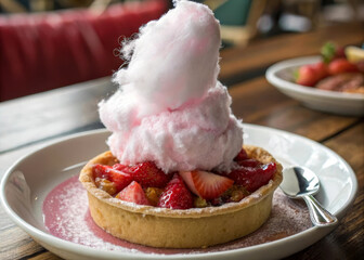 Poster - a dessert with strawberries and a large dollop of whipped cream on top, served on a plate with a fork. There are also some strawberries in the background.