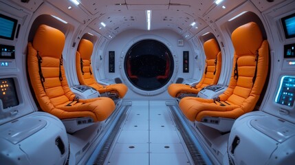 Poster - Bright orange seating fills the interior of a modern space capsule, designed for safe crew transport during missions. Control panels enhance the spacecraft's operational capability.