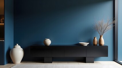 Poster - A modern interior with a deep blue accent wall, a smoked glass console table.