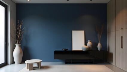 Poster - A modern interior with a deep blue accent wall, a smoked glass console table.