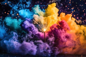 Poster - A sparkler burning amidst vibrant clouds of colorful smoke against a dark background creating a magical, festive and abstract celebratory atmosphere for events.