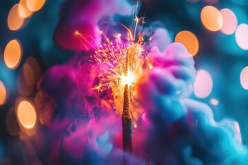 Poster - A bright sparkler with golden sparks surrounded by colorful smoke and bokeh lights, creating a festive and magical atmosphere in the dark, perfect for celebrations.