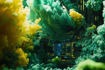 Poster - abstract digital artwork featuring a circuit board interwoven with vibrant yellow and green smoke, c