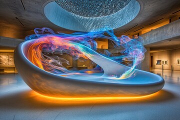 Poster - a futuristic art installation featuring flowing colorful light patterns within a modern architectura