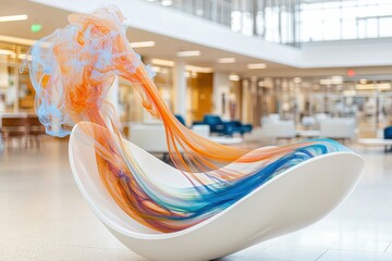 Fototapete - A surreal image of colorful smoke billowing out from a modern sculpture, with the sculpture and its intricate smoke trails in focus and the surrounding art gallery softly blurred