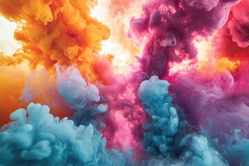 Poster - A mesmerizing display of colorful smoke plumes swirling and blending together, creating an abstract and artistic background with vibrant shades of orange, pink, and blue.