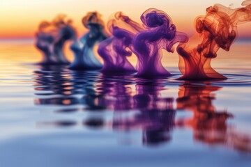 Poster - Colorful smoke sculptures rising from tranquil water surface, reflecting the warm sunset, creating a surreal and dreamlike atmosphere, perfect for abstract art.