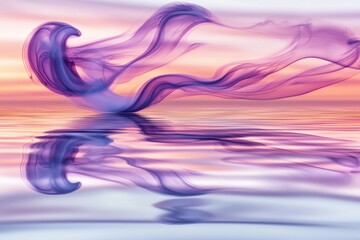 Aufkleber - Abstract flowing purple smoke or fabric shape over water reflecting the sunset sky, creating a mesmerizing, ethereal, and dreamlike artistic visual effect.