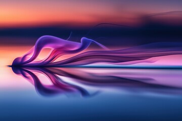 Poster - an abstract composition of flowing purple smoke reflected on a still water surface, against a soft g