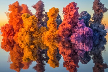 Poster - abstract landscape featuring colorful plumes of smoke reflecting on water against a sunset sky, crea