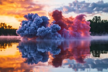 Poster - Surreal landscape of colorful smoke reflecting on a tranquil lake at sunset, creating a mesmerizing and dreamlike scene against a backdrop of lush trees and a vibrant sky.