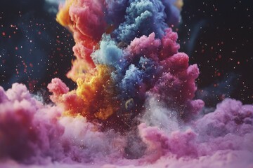Poster - A captivating display of vibrant and colorful smoke, swirling and merging with ethereal particles, creating a dreamy, abstract artwork against a dark backdrop, a visual delight.