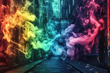 Poster - Rainbow smoke billowing through an urban alleyway, adding color and mystery to the gritty cityscape with a dramatic sky and grunge textures, creating a surreal scene.
