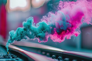 Poster - A vibrant cloud of colorful smoke rising from a machine, creating a mesmerizing abstract display with shades of pink and teal, perfect for modern visuals.