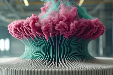 Poster - An abstract, artistic explosion of pink and teal smoke with a ridged base structure, offering a modern design and evoking a sense of dynamism and creative energy.