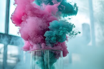 Poster - Abstract image of vibrant pink and teal smoke rising from a glass container, creating a mesmerizing visual effect, suitable for backgrounds and design elements.