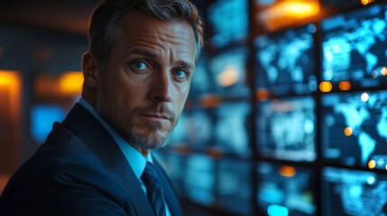 Poster - A logistics manager monitors real time data on multiple screens in a distribution hub. The environment shows a focus on inventory and fulfillment processes at night.