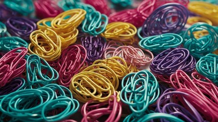 Poster - Vibrant tapestry of colorful paper clips sprawls across surface, their metallic forms interlocking in chaotic dance. Yellow, pink, purple, blue, green clips weave together.