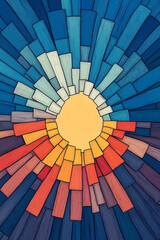 Poster - Rising Sun: A vibrant and stylized illustration captures a radiant sunrise. The image features a burst of colorful segmented shapes emanating from a bright central sun.