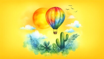 Wall Mural - colorful hot air balloon soaring against a vibrant yellow background, evoking a sense of adventure a