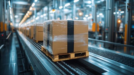 Aufkleber - Wrapped boxes on a pallet, progress along a conveyor system in a busy warehouse focused on efficient inventory management and distribution operations at a logistics facility.