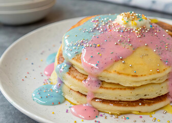 Poster - a plate of pancakes garnished with colorful sprinkles, a dollop of whipped cream, and a drizzle of colorful icing. The plate is placed on a white surface, and there is a stack of pancakes in the backg