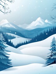 Poster - Serene winter landscape featuring snowy mountains and pine trees in a tranquil paper cut style Generative AI