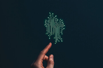 Poster - Touch of Technology: A finger delicately touches a digital tree circuit board on a dark background, symbolizing the convergence of nature and technology.