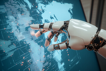 Poster - The Future at Fingertips: A close-up view of a robotic hand interacting with a futuristic, illuminated world map. Witness the intersection of technology and data.