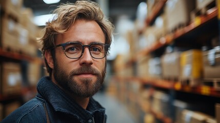 Poster - A man with curly hair and glasses stands among rows of shelves in a warehouse. He looks confidently at the camera while surrounded by packed boxes and inventory management in progress.