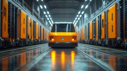 Poster - Inside a spacious warehouse, automated vehicles are positioned between rows of storage units, facilitating efficient sorting and distribution of inventory during peak hours.