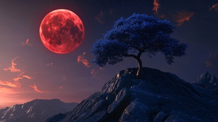 Wall Mural - a blue tree on top of the mountain, a red moon on the night sky.