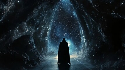 Wall Mural - a dark silhouette in a cloak stands in the center of an alien cliff, with galaxies and nebulae depic