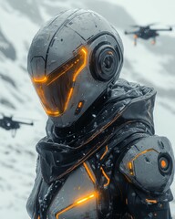 Wall Mural - a female robot with orange lights and black armor, wearing a helmet