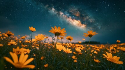 Wall Mural - A field of orange daisies under the milky way sky. Night landscape.