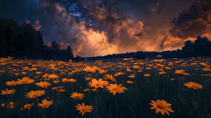 Wall Mural - A field of orange daisies under the milky way sky. Night landscape.