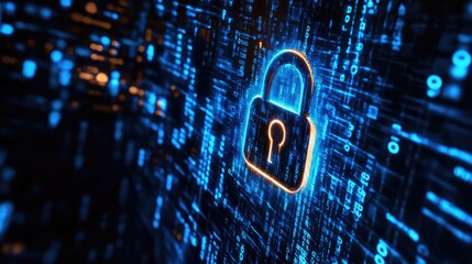 digital fortress: a glowing padlock overlaid on a dynamic matrix of binary code, symbolizing secure 