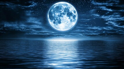 Wall Mural - a full moon in the night sky, reflected on the calm ocean surface.