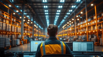 Poster - A logistics coordinator is seated at a workstation with multiple screens, overseeing inventory management and planning within a vast warehouse filled with illuminated cargo racks.