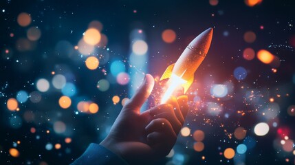 Wall Mural - Hand holding a rocket with glowing particles and a bokeh city background. 